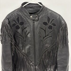 Vintage Genuine Leather Western Cafe Racer Lined Jacket W Fringe & Lace Women L